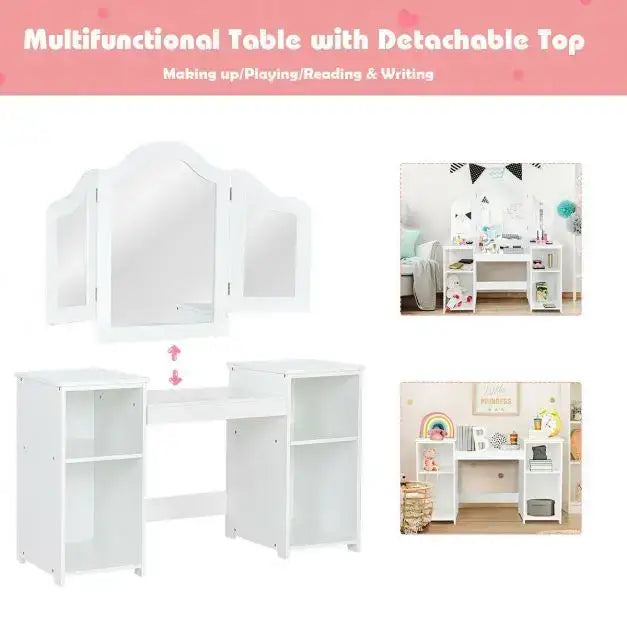 Kids Vanity Table – White | Tri-Folding Mirror and Storage Compartments COSTWAY - Little and Giant Explorers Costway