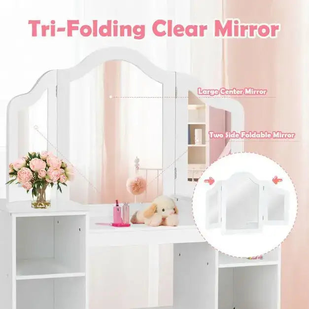 Kids Vanity Table – White | Tri-Folding Mirror and Storage Compartments COSTWAY - Little and Giant Explorers Costway