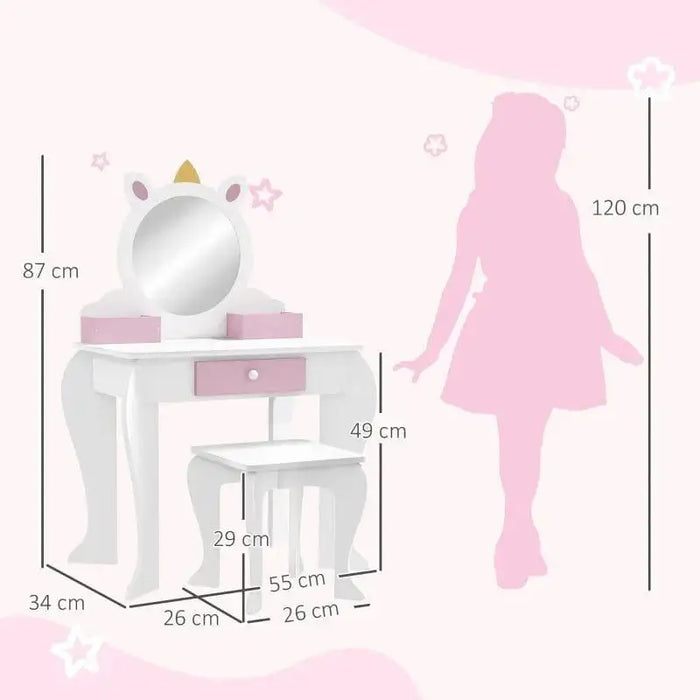 Kids white unicorn vanity table with mirror, storage drawer, matching stool, and dimensions