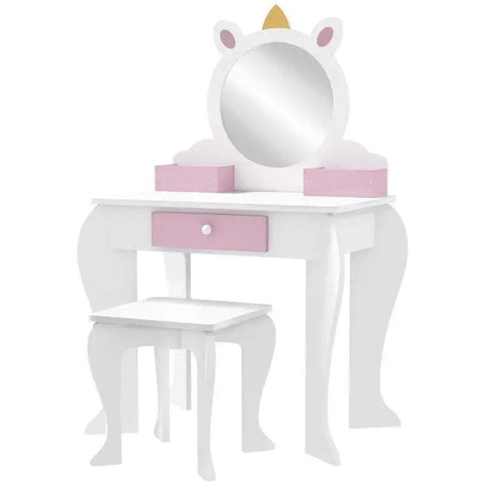 Kids unicorn vanity table with mirror, pink drawers, and matching white stool