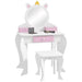 White kids vanity table with unicorn mirror, pink drawer, stool, and storage compartments
