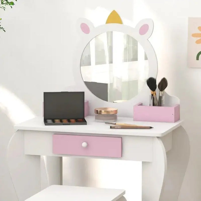 Kids unicorn vanity table with mirror, storage drawer, makeup brushes and matching stool