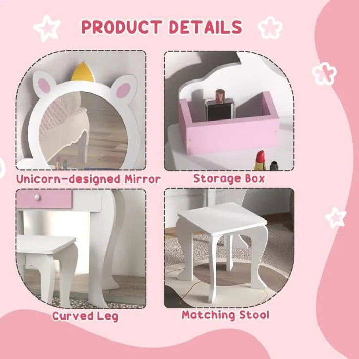 Kids white vanity table with unicorn mirror, pink storage box, curved legs, and matching stool