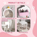 Kids white vanity table with unicorn mirror, pink storage box, curved legs, and matching stool