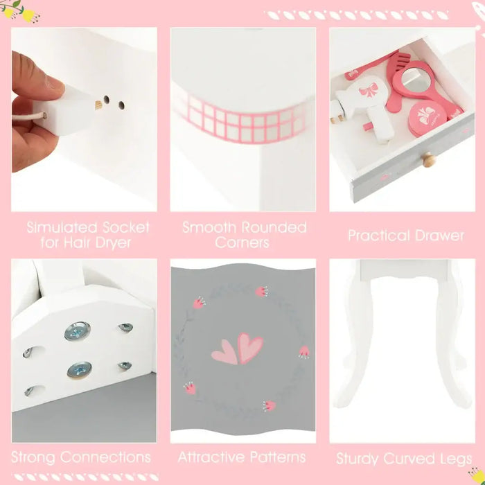 Kids Vanity Table with Removable Mirror – White | 2-in-1 Design - Acrylic Tri-Folding Mirror COSTWAY - Little and Giant Explorers Costway