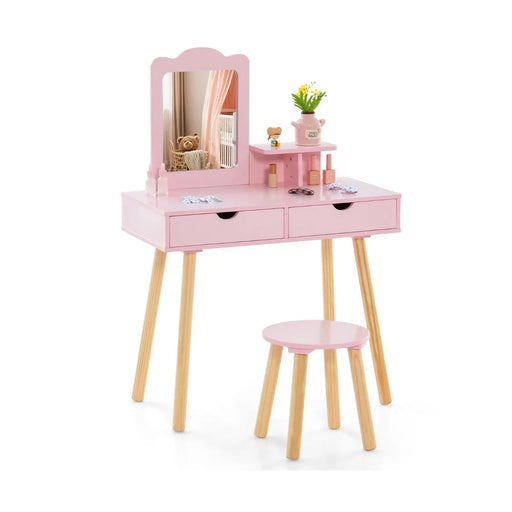 Kids Vanity Table with Stool and Storage in Pink - Little and Giant Explorers Costway