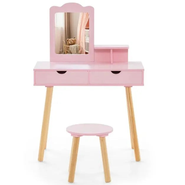 Kids Vanity Table with Stool and Storage in Pink - Little and Giant Explorers Costway