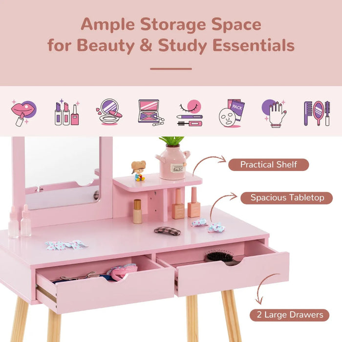 Kids Vanity Table with Stool and Storage in Pink - Little and Giant Explorers Costway