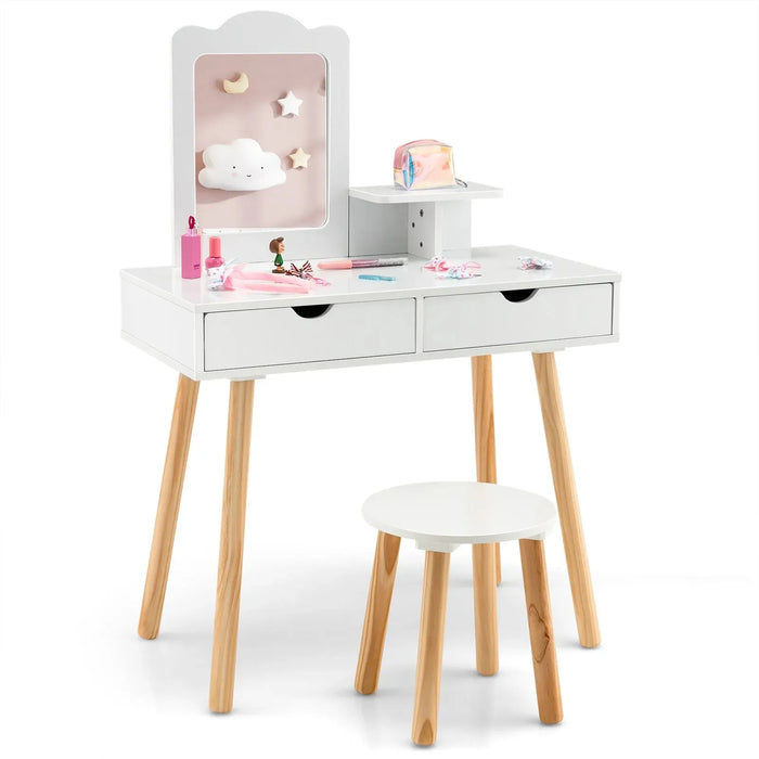 Kids Vanity Table with Stool and Storage in White - Little and Giant Explorers Costway