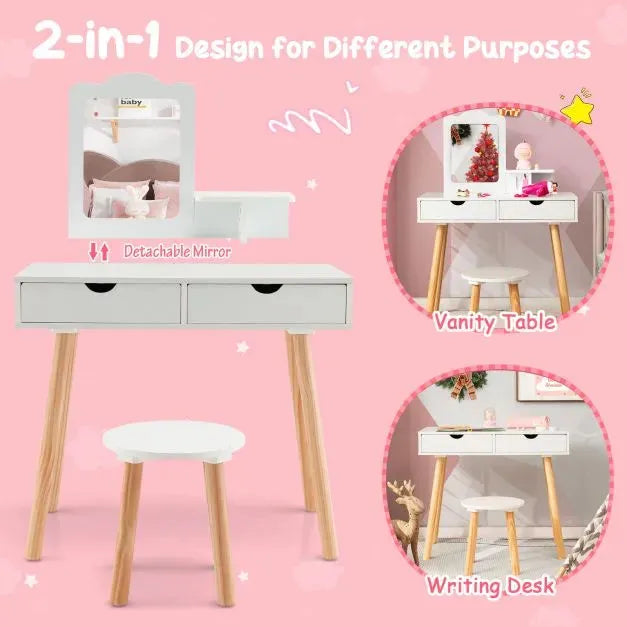 Kids Vanity Table with Stool and Storage in White - Little and Giant Explorers Costway