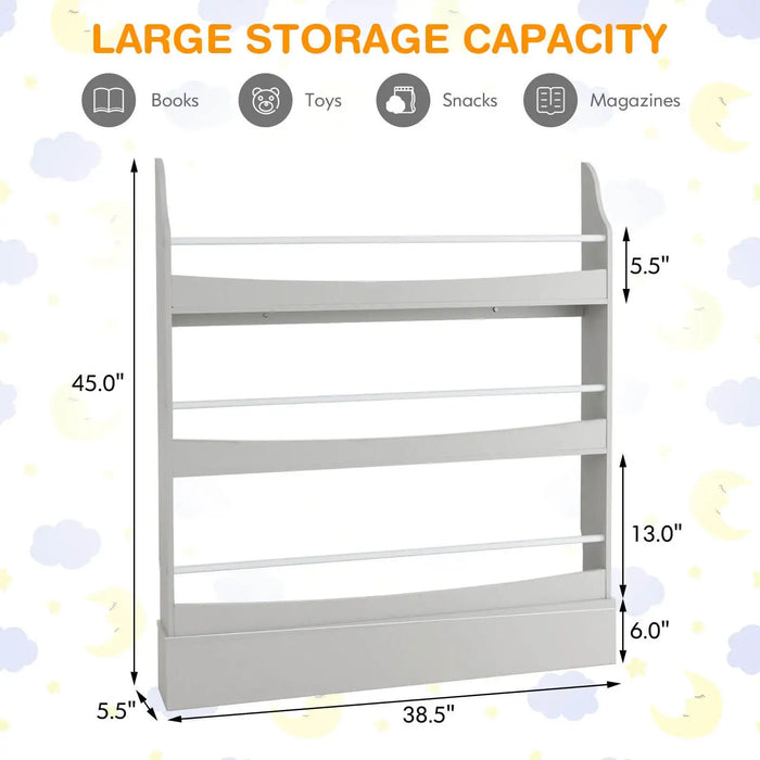 Kids Vertical Bookshelf – White and Grey | 3-Tier Narrow Bookcase with Guardrails COSTWAY - Little and Giant Explorers Costway
