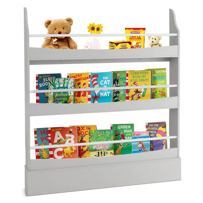 Kids Vertical Bookshelf – White and Grey | 3-Tier Narrow Bookcase with Guardrails COSTWAY - Little and Giant Explorers Costway