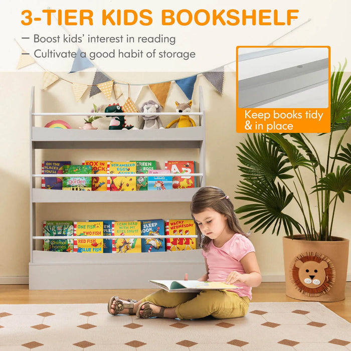 Kids Vertical Bookshelf – White and Grey | 3-Tier Narrow Bookcase with Guardrails COSTWAY - Little and Giant Explorers Costway