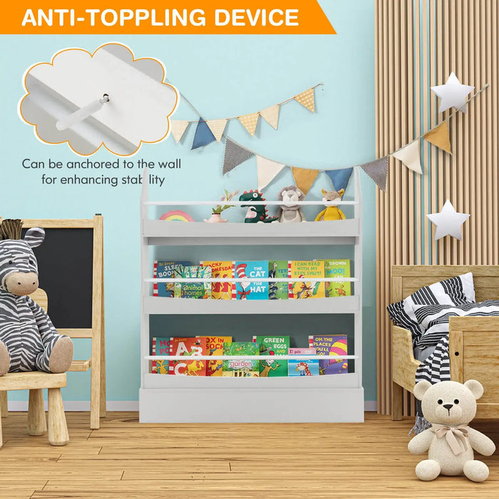 Kids Vertical Bookshelf – White and Grey | 3-Tier Narrow Bookcase with Guardrails COSTWAY - Little and Giant Explorers Costway