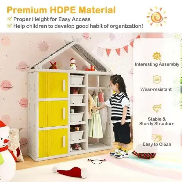 Kids Wardrobe Closet – Yellow and White | Multiple Storage Cubes and Baskets COSTWAY - Little and Giant Explorers Costway