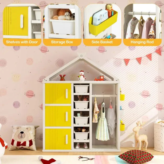Kids Wardrobe Closet – Yellow and White | Multiple Storage Cubes and Baskets COSTWAY - Little and Giant Explorers Costway