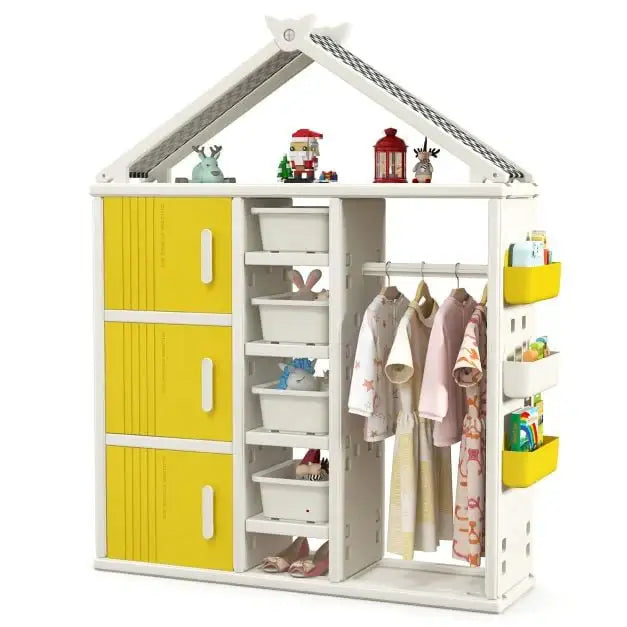 Kids Wardrobe Closet – Yellow and White | Multiple Storage Cubes and Baskets COSTWAY - Little and Giant Explorers Costway