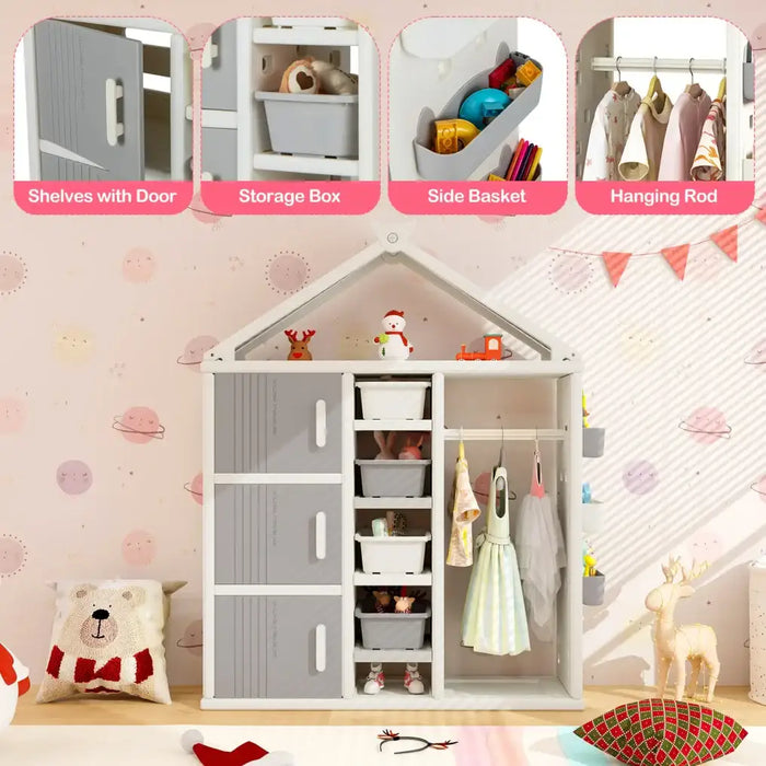 Kids Wardrobe - Grey and White | Hanging Rail, Storage Bins and Cubes – House-Style Organiser COSTWAY - Little and Giant Explorers Costway