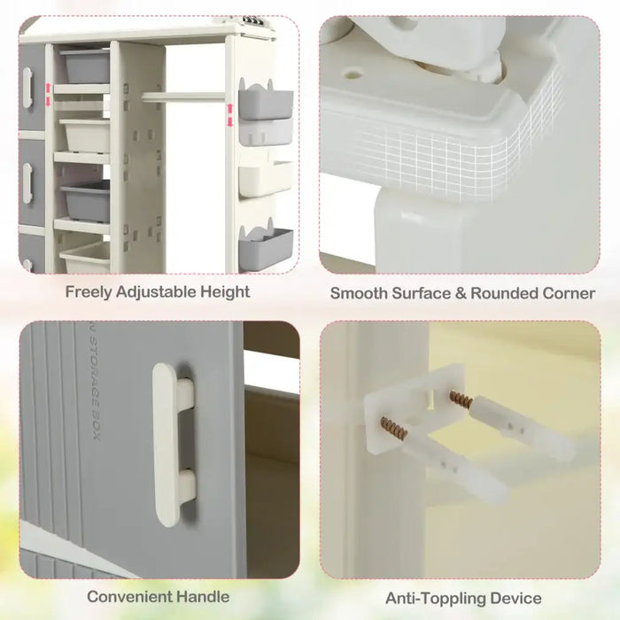 Kids Wardrobe - Grey and White | Hanging Rail, Storage Bins and Cubes – House-Style Organiser COSTWAY - Little and Giant Explorers Costway