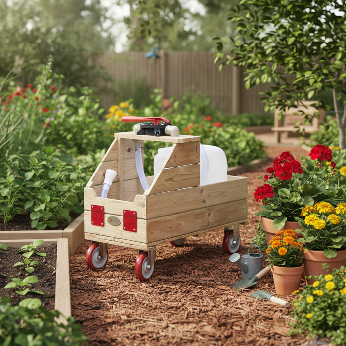 Wooden tool cart with red wheels and various tools on a white background