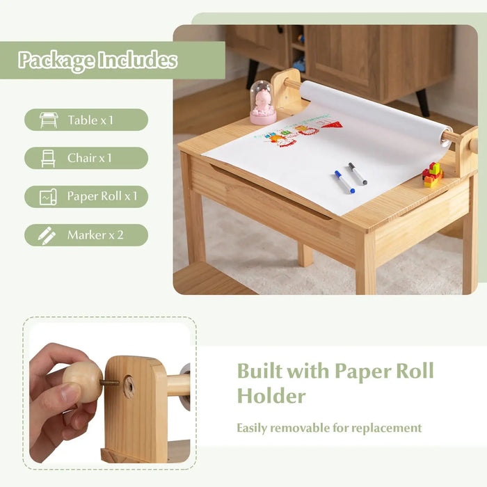 Kids Wooden Activity Table and Chair Set | Flip-Top Storage - Paper Roll Holder COSTWAY - Little and Giant Explorers