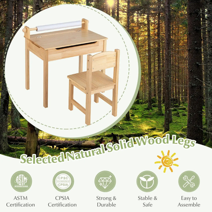 Kids Wooden Activity Table and Chair Set | Flip-Top Storage - Paper Roll Holder COSTWAY - Little and Giant Explorers