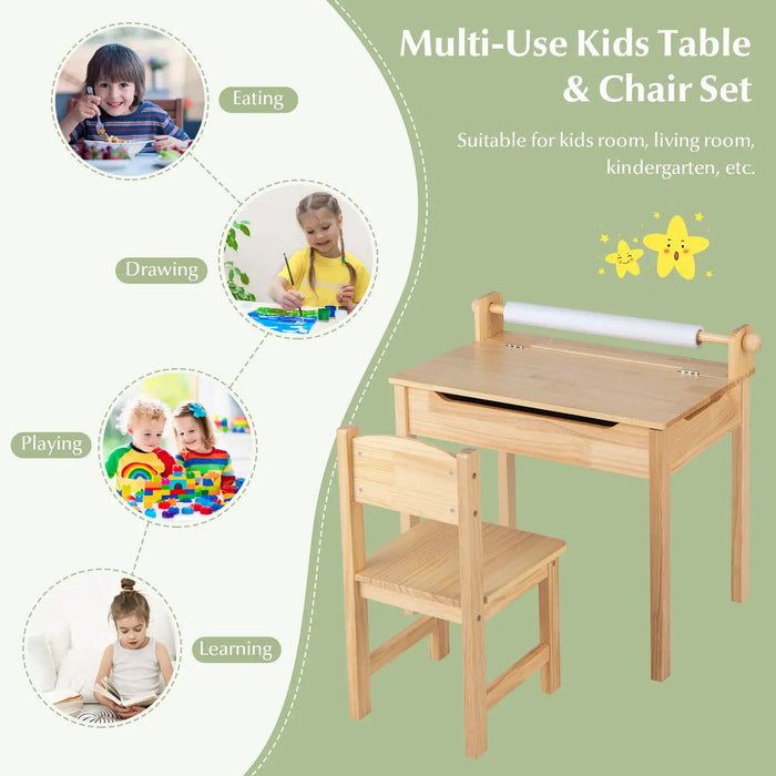 Kids Wooden Activity Table and Chair Set | Flip-Top Storage - Paper Roll Holder COSTWAY - Little and Giant Explorers