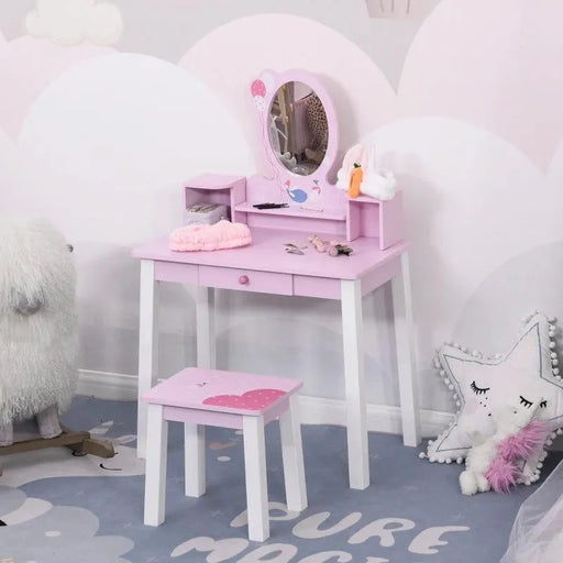 Kids Wooden Dressing Table and Stool Make Up Desk - Little and Giant Explorers HOMCOM