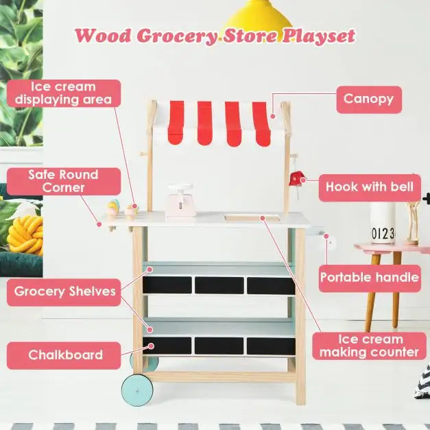 Kids Wooden Farmer’s Market Stand | Ice Cream Cart and Accessories COSTWAY - Little and Giant Explorers Costway