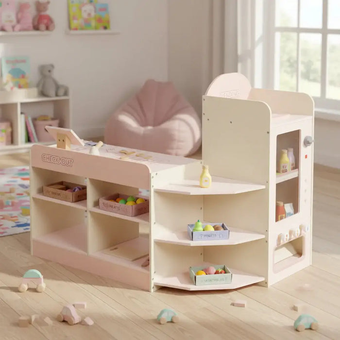 Kids Wooden Grocery Store Playset – Pink | Checkout and Vending Machine Role Play Shop AIYAPLAY - Little and Giant Explorers