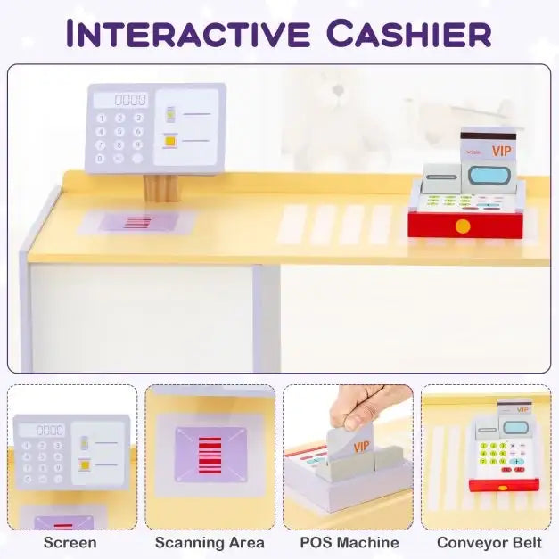 Kids Wooden Grocery Store Playset - Purple | Checkout Counter and 13 Play Foods COSTWAY - Little and Giant Explorers Costway