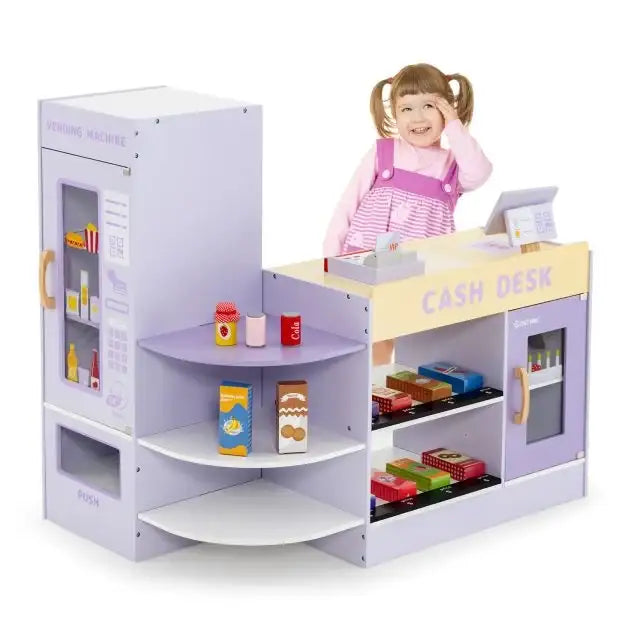 Kids Wooden Grocery Store Playset - Purple | Checkout Counter and 13 Play Foods COSTWAY - Little and Giant Explorers Costway