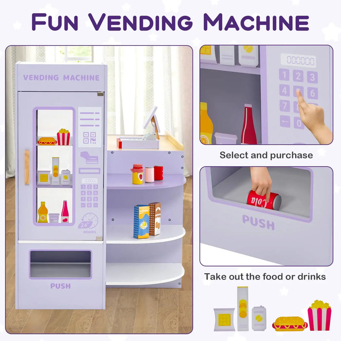 Kids Wooden Grocery Store Playset - Purple | Checkout Counter and 13 Play Foods COSTWAY - Little and Giant Explorers Costway