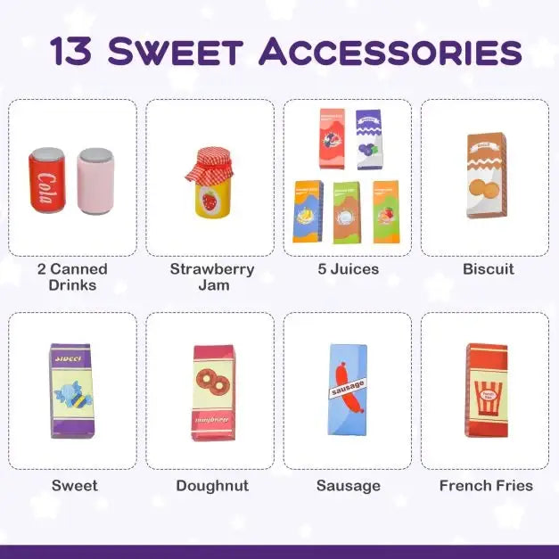 Kids Wooden Grocery Store Playset - Purple | Checkout Counter and 13 Play Foods COSTWAY - Little and Giant Explorers Costway