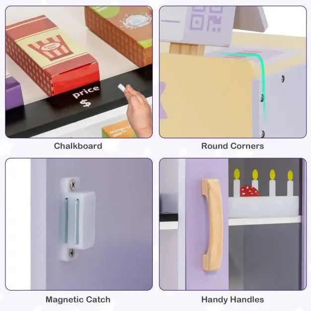 Kids Wooden Grocery Store Playset - Purple | Checkout Counter and 13 Play Foods COSTWAY - Little and Giant Explorers Costway