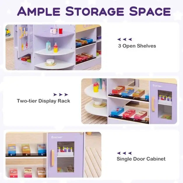Kids Wooden Grocery Store Playset - Purple | Checkout Counter and 13 Play Foods COSTWAY - Little and Giant Explorers Costway