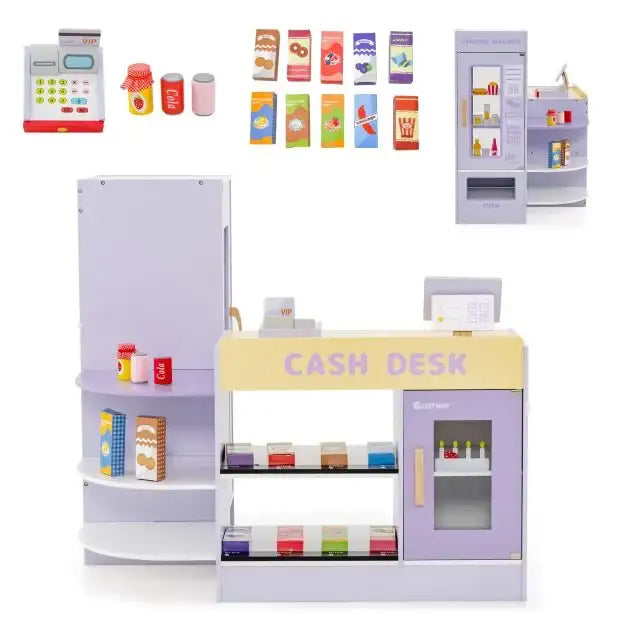Kids Wooden Grocery Store Playset - Purple | Checkout Counter and 13 Play Foods COSTWAY - Little and Giant Explorers Costway