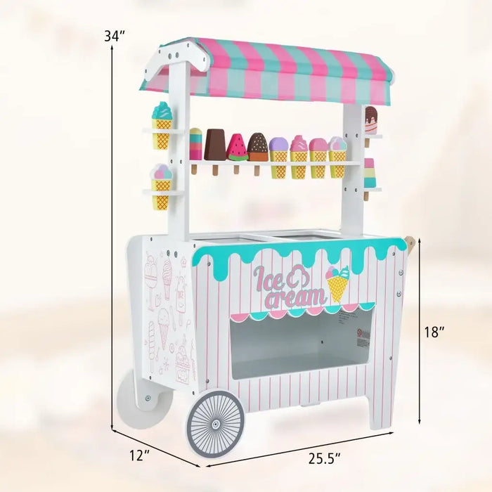 Kids Wooden Ice Cream Cart - Blue and Pink | 12 Accessories - Push Handle and Wheels COSTWAY - Little and Giant Explorers Costway