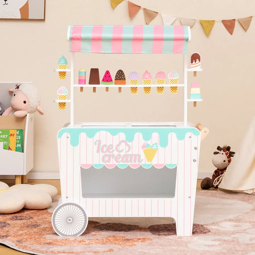 Kids Wooden Ice Cream Cart - Blue and Pink | 12 Accessories - Push Handle and Wheels COSTWAY - Little and Giant Explorers Costway
