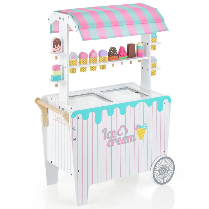 Kids Wooden Ice Cream Cart - Blue and Pink | 12 Accessories - Push Handle and Wheels COSTWAY - Little and Giant Explorers Costway