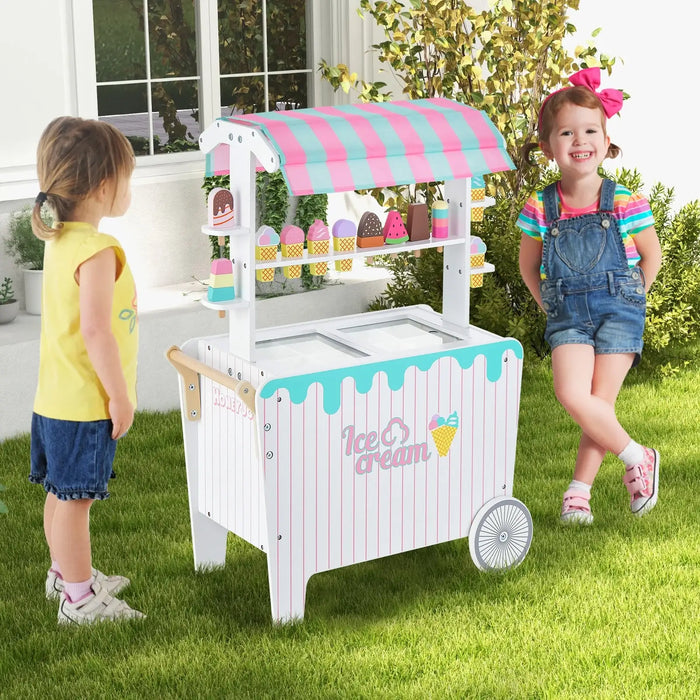 Kids Wooden Ice Cream Cart - Blue and Pink | 12 Accessories - Push Handle and Wheels COSTWAY - Little and Giant Explorers Costway