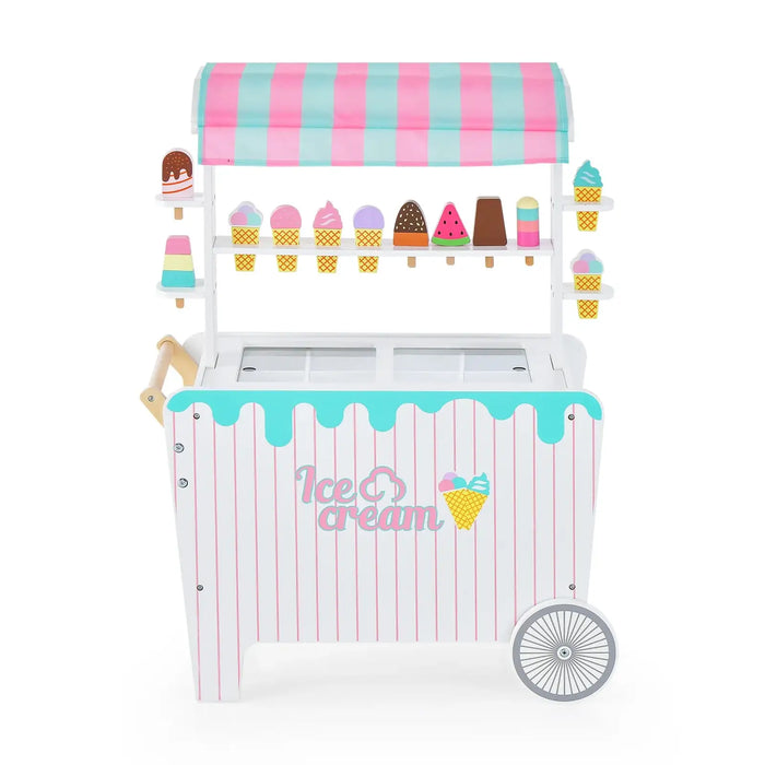 Kids Wooden Ice Cream Cart - Blue and Pink | 12 Accessories - Push Handle and Wheels COSTWAY - Little and Giant Explorers Costway