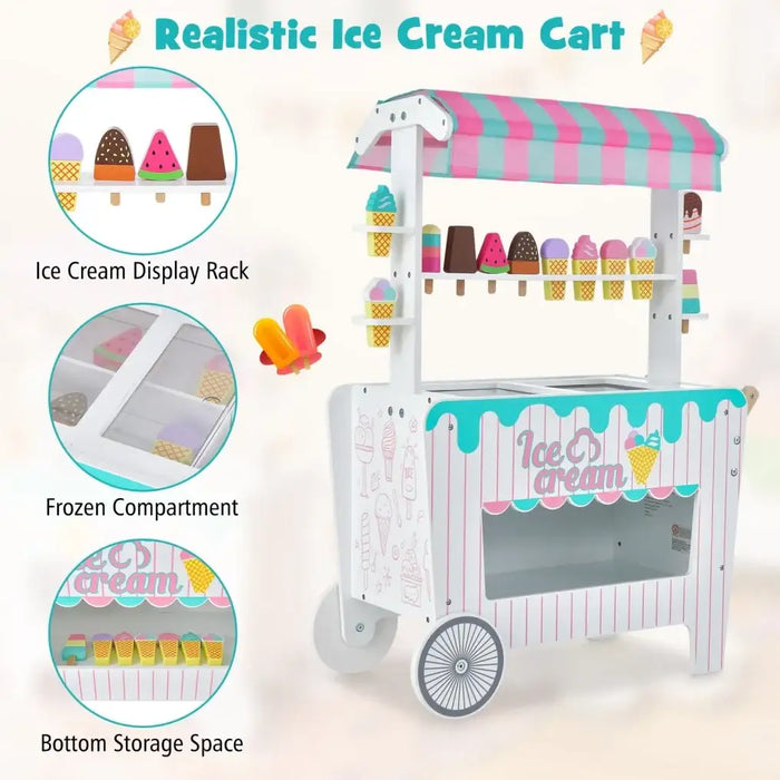 Kids Wooden Ice Cream Cart - Blue and Pink | 12 Accessories - Push Handle and Wheels COSTWAY - Little and Giant Explorers Costway