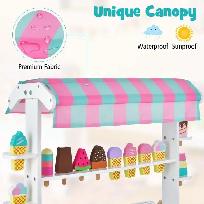 Kids Wooden Ice Cream Cart - Blue and Pink | 12 Accessories - Push Handle and Wheels COSTWAY - Little and Giant Explorers Costway