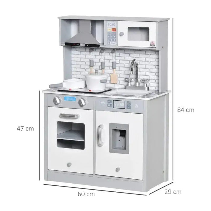 Kids wooden kitchen playset in grey and white with marble countertop, Nordic design, 84x60x29 cm.