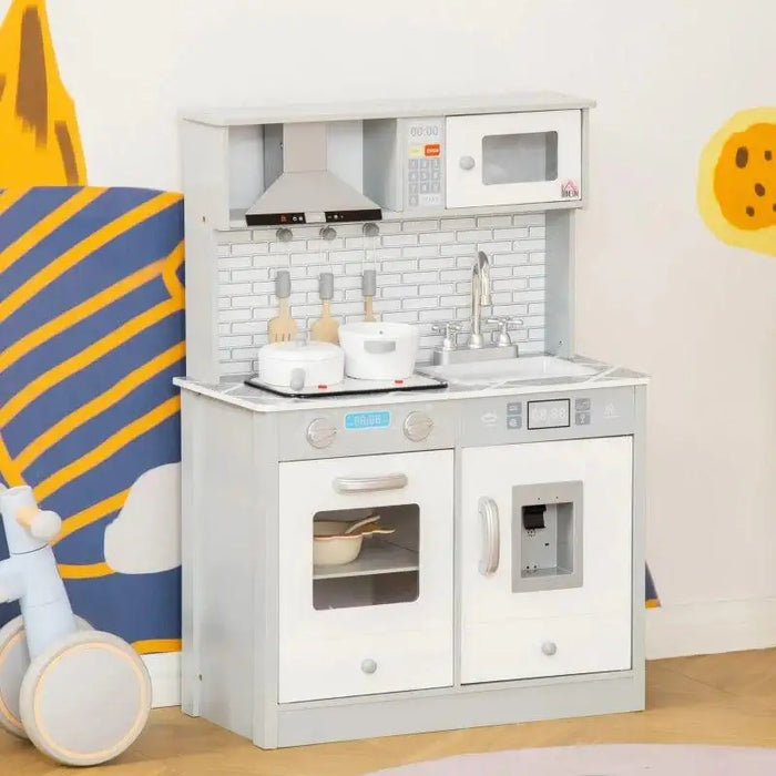 Kids wooden kitchen playset grey and white with marble countertop and toy appliances