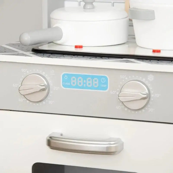 Grey and white kids wooden kitchen playset oven with digital display and toy pots