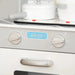 Grey and white kids wooden kitchen playset oven with digital display and toy pots