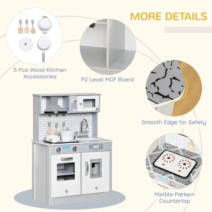 Kids grey and white wooden kitchen playset with accessories, marble countertop, and safe edges
