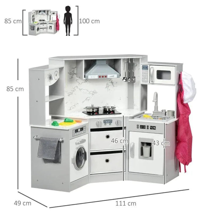 Kids wooden kitchen playset in grey and white with utensils and accessories, size dimensions shown.